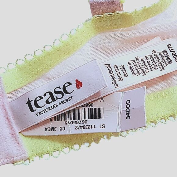 Victoria's Secret Tease Lace Trim Unlined Demi Bra Pink Yellow 34DDD/34F NWT - Picture 7 of 9